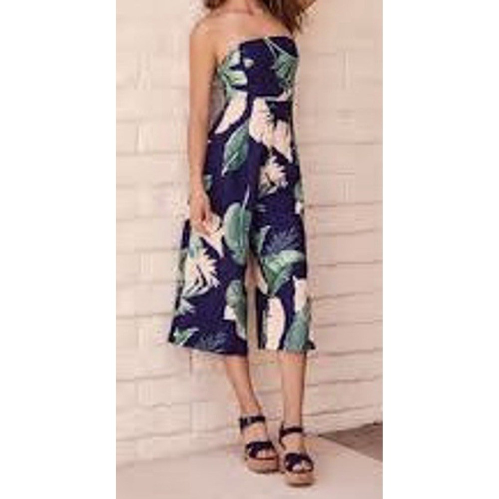 Lulus Rainforest Blooms Navy Print Strapless Midi Jumpsuit Size M